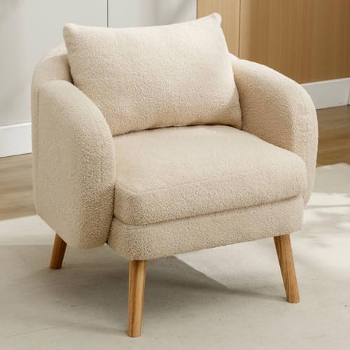 Fauteuil à pieds moderne en velours Teddy avec coussin, cadre en bois massif, 75 x 69 x 71 cm, cadre en bois massif, chaise simple pour salon et chambre à coucher, beige
