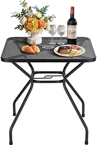 JINLLY Outdoor Patio Dining Table, 27.6 Inch Square Metal Bistro Tables with Umbrella Hole, Outside Porch Tables for Patio Backyard Garden Balcony, Dark Grey