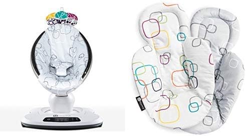 4moms mamaRoo Bluetooth-Enabled High-Tech Baby Swing with 5 Unique Motions - Silver Plush, with Reversible Newborn Insert in White Grey