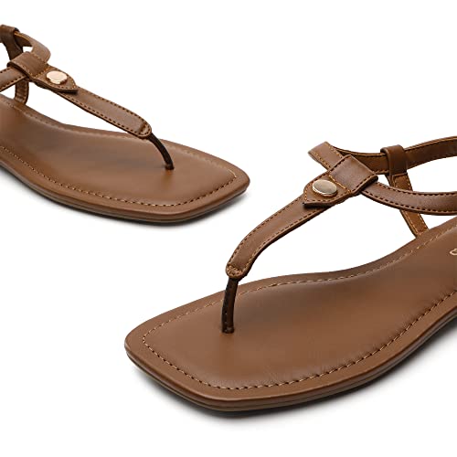 DREAM PAIRS DREAM PAIRS Women's T-Strap Thong Flat Sandals with Cute Square Toe Strappy for Summer,Size 5.5,Brown,SDFS2301W