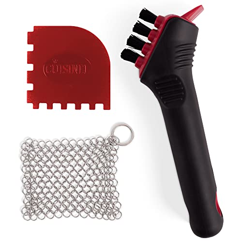 Image of Cuisinel Cast Iron Scrubber Cleaning Brush + Stainless Steel Chainmail + Pan Scraper - Skillet, Grill Cleaner Kit - Soft-Touch Easy-Grip Dish Scrub Tool - Bristles Tough on Grease - Gentle on Cookware