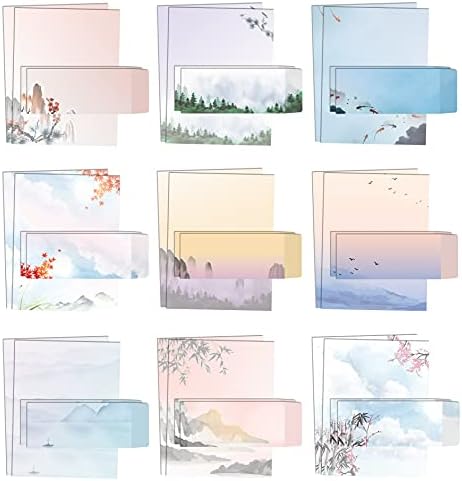 Japanese Watercolor Stationery Paper Set, 100 Piece Set (50 Sheets + 50 Matching Envelopes), Letter Size 8.5 x 11 inch, 9 Designs, Double Sided Printing Paper, by Better Office Products