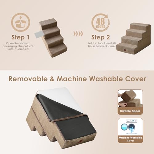 Image of EHEYCIGA Dog Stairs for Bed 20 inch H, 4-Step Extra Wide Dog Steps for High Bed, Pet Steps for Small Dogs and Cats, Non-Slip Balanced Pet Ramp Indoor, Camel