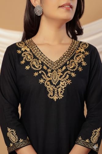 Image of Rayon Kashmiri Embroidered Short Kurti for Women | V-Neck Tunic Top with 3 /4 Sleeves | Floral Design Indo-Western Kurti for Jeans & Leggings