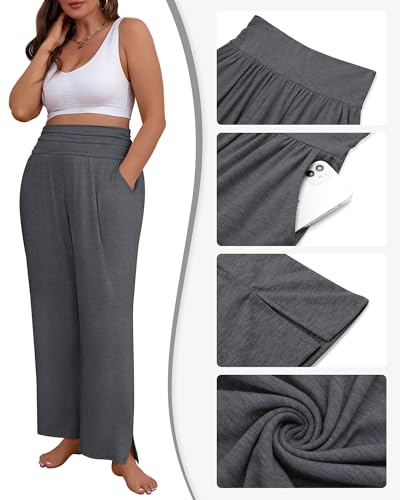 Locoowai Pacote com 3 calças femininas plissadas plus size, pernas largas, fenda lateral, lounge, io