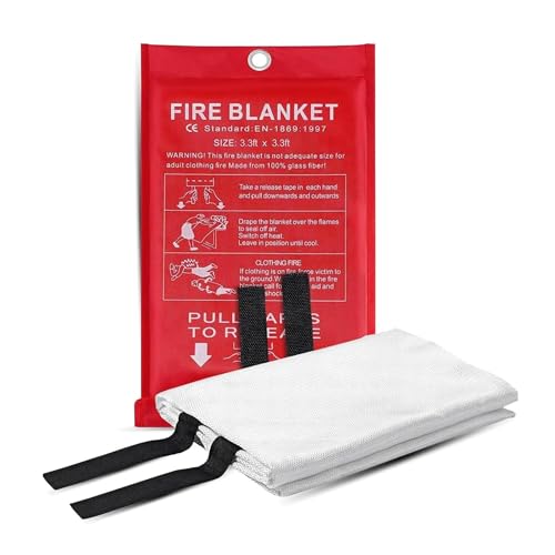 AIBULO Emergency Fire Blanket Pack of 2 – 1m x 1m Fiberglass Fire Suppression Blankets for Kitchen, Home, Car, Garage, Caravan, Camping – Heat Resistant Fire Safety Blankets with Wall Mount Pouches