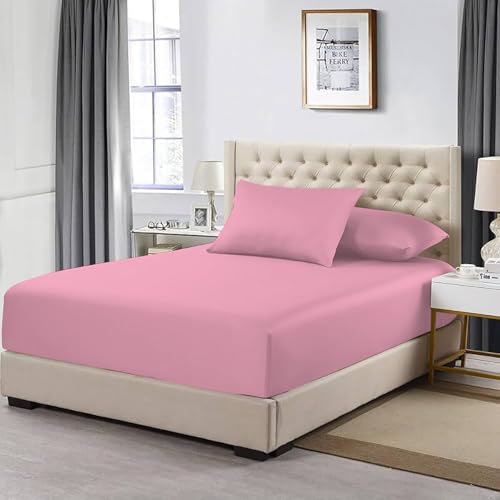 HOMES-LINEN 200 Thread Count 100% Egyptian Cotton 30 CM Deep Pocket Fitted Sheet (Pink, Double)