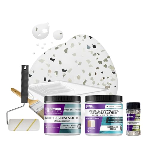 Beyond Paint Smoked Gray Flecks Countertop Makeover Kit with Paint Sealer Flecks and Tools for Countertops Bright White
