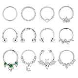 HTTDSLF 12Pcs Piercing Nariz Acero Quirurgico Septum Piercings Para Mujer, Pendientes Huggie Cartílago, Anillo Clicker Septum Piercing Pendientes Helix Tragus Daith Piercing Nostril Labio, Plata