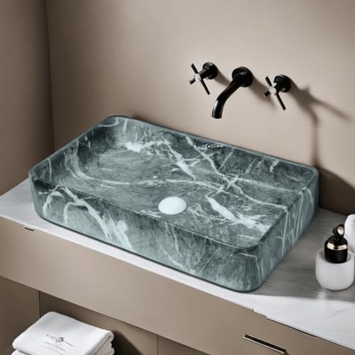 Image of Wash Basin Countertop | Tabletop Ceramic Bathroom Sink | Wash Basin Over Counter | (24 x 14 x 5 Inch) (Marble Grey White)