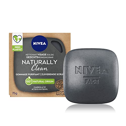 NIVEA NATURALLY Clean Nettoyant Visage Solide Gommage Purifiant (1 x 75 g), Soin visage exfoliant sans savon, Soin solide au PH neutre pour la peau