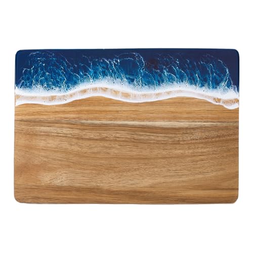 AHANDMAKER 1 planche à découper rectangulaire en bois d'acacia avec motif vague bleue 35,6 x 25,4 cm pour cadeau, légumes, viande, fruits, plateau de service pour la préparation des repas, chameau