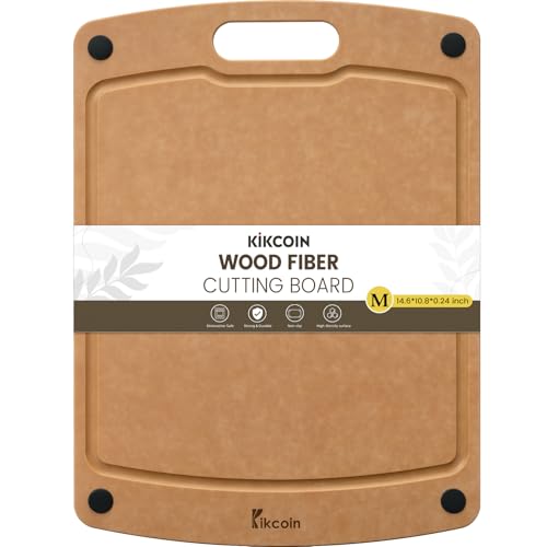 Kikcoin Wood Cutting Board, Cutting Boards for Kitchen Dishwasher Safe Non-slip Chopping Board with Juice Groove, Wood Fiber Composite Cutting Board with Handle, 14.6"*10.8"