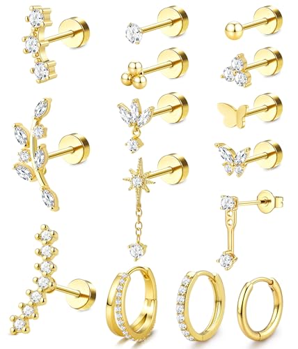 ORAZIO 20G Helix Piercing Jewelry Flat Back Cartilage Earrings for Women Hypoallergenic Surgical Steel Flatback Stud Hoop Cartilage Earring Stack Set Daith Conch Tragus Ear Piercing Jewelry Single A