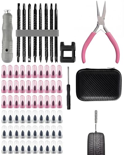PASDUCHAS 73 Pcs Rubber Nails Tire Repair Kit, Self-Service Quick Screw in Tire Plug Fix Kit for Car Motorcycle Truck with 2 Sizes