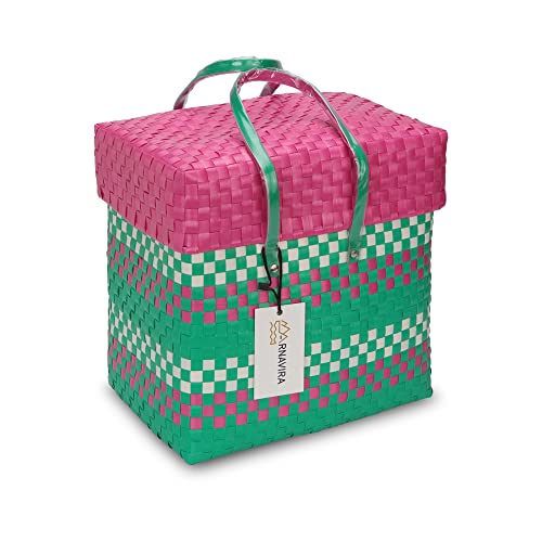 Image of Arnavira Handmade Multipurpose Basket with Lid 4L Used for Organiser, Makeup Items Storage,Kids Tiffin (18x12x19 cm) (Pink Sea Green, X Small)