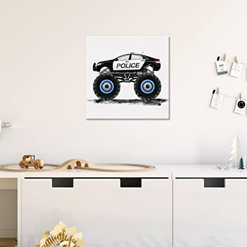 Watercolor Police Monster Truck Print Monster Truck Police Paintings Canvas Wall Art 12X12 Transportation Poster Canvas Artwork Ready To Hang Home Nursery Decor (Framed) #TOP3