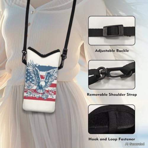 Image of Cellphone Purse Bag with Adjustable Strap Water-Resistant Shockproof Crossbody Mini Shoulder Handbags Portable Phone Sleeve Case for Women, 8 x 4 Inch, American Flag Eagle Rose White