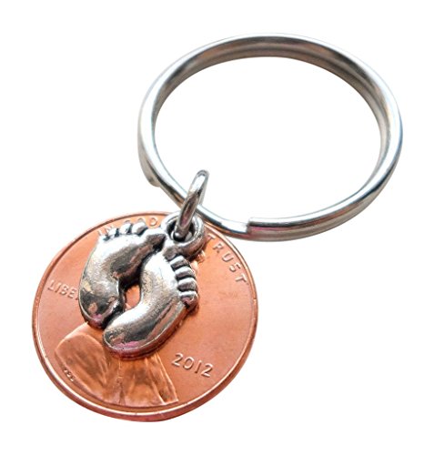 JewelryEveryday Baby Feet Charm Layered Over 2012 Penny Keychain; Mother's Keychain, Father's Keychain