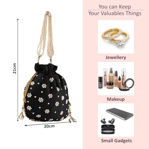 Image of Kuber Industries Potli Bags for Ladies & Girls | Women Shagun Pouches for Festive Seasons | Batwa Bag Bridal Purse With Moti Design - Black