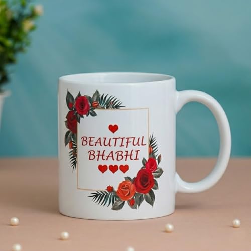 Image of Rakhi Gift for Brother and Bhabhi with 2 Printed Ceramic Mug 325 ML, Lumba Rakhi Set, Greeting Card and Tilak Set Combo for Bhaiya Bhabhi (WPM-1)