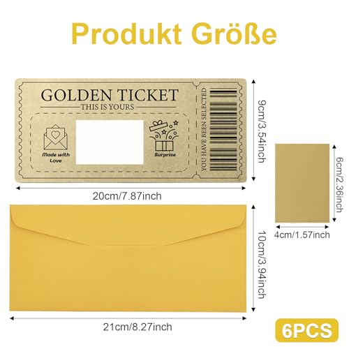 Uncle Yang Goldenes Ticket Rubbelkarten Set – 6 Stück DIY Gutschein Karten mit Umschlägen und Rubbeletiketten, Einzigartige Einladungskarten für Geburtstag, Valentinstag, Party, Dankeskarte