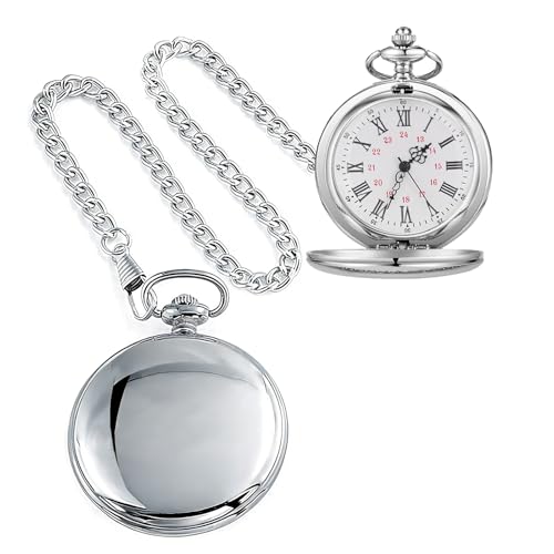 Tiong Smooth Vintage Pocket Watch with Chain Roman Numerals Scale(Silver)