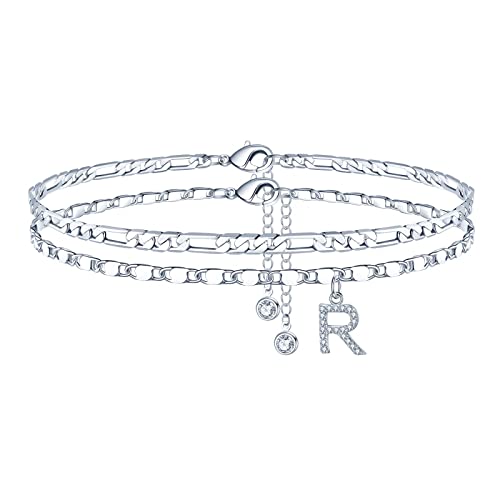 Image of Ursteel Ankle Bracelets for Women, 14K-Gold-Plated Dainty Layered Chain CZ Initial Anklets Set Summer Jewelry Gifts for Women