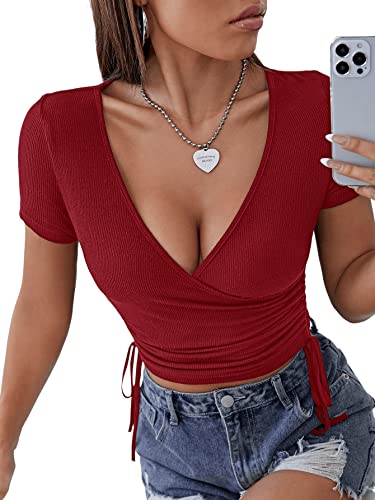 GORGLITTER Damen Wrap Bauchfrei Tops V-Ausschnitt Crop Top Kurz Oberteil...