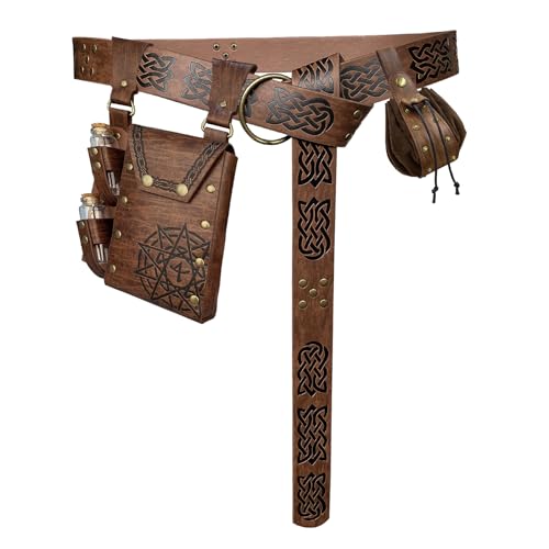 EpicCos 3PCs Alchemy Belt Bag Set, Vintage Embossed Belt with Fantasy belt Pouch Dice Bag, Medieval accessories for Ren Faire (Brown A)