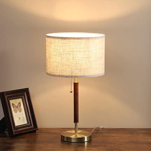 Edishine Modern Table Lamp, Solid Wood Pole Bedside Lamp With Pull Chain Switch, Mid Century Nightstand Table Lamp For Living Room, Bedroom, Office, Frosted Bronze & Wood Finish #TOP1