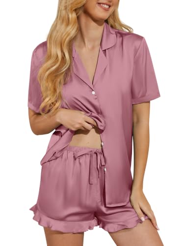 Image of Silk Pajamas for Women Satin Womens Pajama Sets Short Sleeve Set 2-Piece Sleepwear