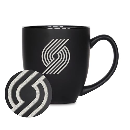 Rico Industries NBA Basketball Portland Trail Blazers Primary 15oz Laser Engraved Matte Black Ceramic Bistro Mug - For Hot or Cold Drinks