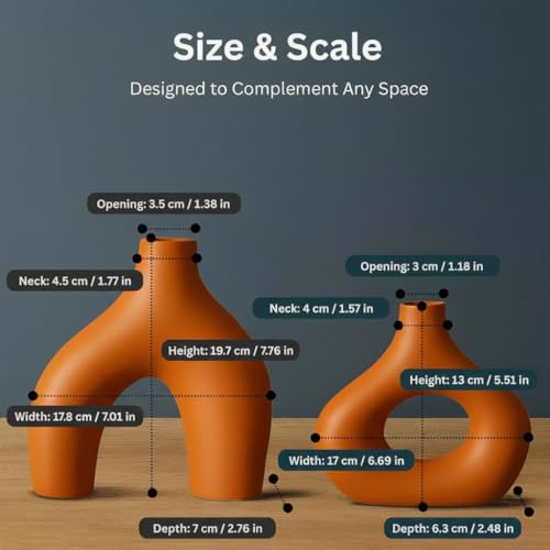 Image of PUREZENTO Abstract Orange Ceramic Donut Vase 5.4 & 7.7 Inch - Set of 2 | Decorative Unique Modern Vase for Dried Flowers & Pampas Grass | Vases for Modern Home Decor, Living Room, Office Decor Ideas