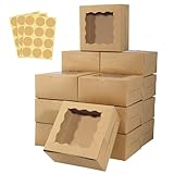 HawHawToys 60 pcs Bakery Boxes with Window, 6 x 6 x 3 inches, Kraft Cookie Boxes Pastry Boxes for Baked Goods (Brown)