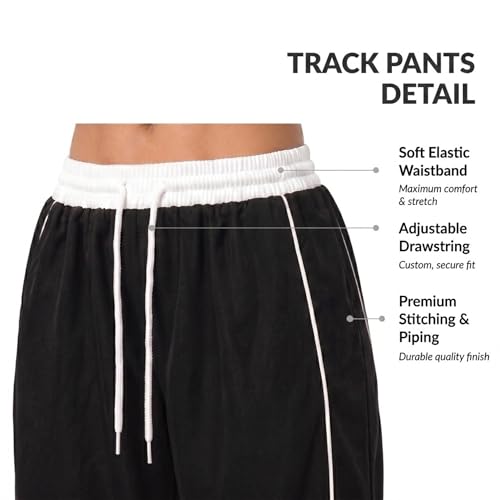 Image of Women's Baggy Loose Fit Wide Leg Track Pants | Elastic Waist Drawstring Casual Lounge Trousers with Side Stripe and Pockets
