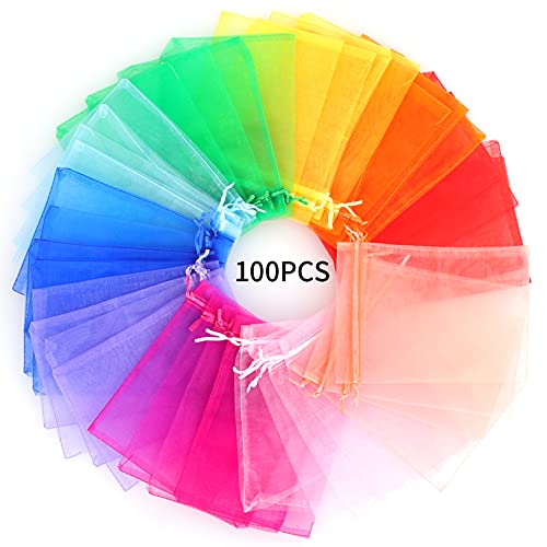 Ponpon 100pcs Assorted Color Organza Bags, 5x7 inches Mesh Bags Drawstring Bags for Candy Jewellery Random Color3