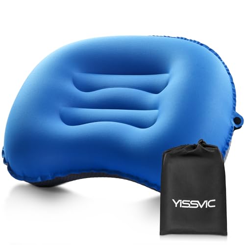 YISSVIC Cuscino Gonfiabile Campeggio, Cuscino da Viaggio Gonfiabile Ultraleggero Pieghevole per Trekking/Viaggio/Spiaggia, Blu