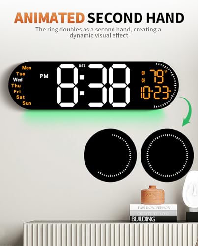 Image of 17.2 Inch Large Digital Wall Clock with 9 Color Changing Remote Control, Date Week Temperature, Auto Brightness Dimmer Clock Night Lights,Orange