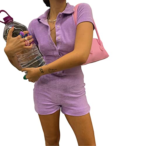 FeMereina Women Y2K Short Sleeve Bodycon JumpsuitV Neck Button Print Pattern Overalls Playsuit Sexy One Piece Rompers