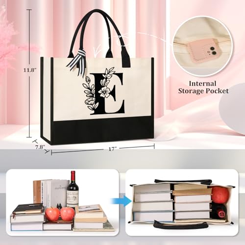 Image of Tecanne Personalized Initial Canvas Tote Bag, Suitable for Birthday, Wedding, Beach, Holiday, Gifts for Women, Mom, Teachers, Nurses, Best Friends, Bridesmaids (E)