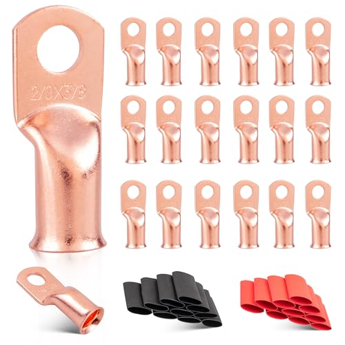 RED WOLF 2/0 AWG 3/8 Battery Cable Lug 20 PCS w/3:1 Heat Shrink Tubing for Wiring Insulation Black Red 20 PCS for Automotive Electrical 00 Gauge Wire Copper Lug Marine Grade M10 Ring Terminal Ends