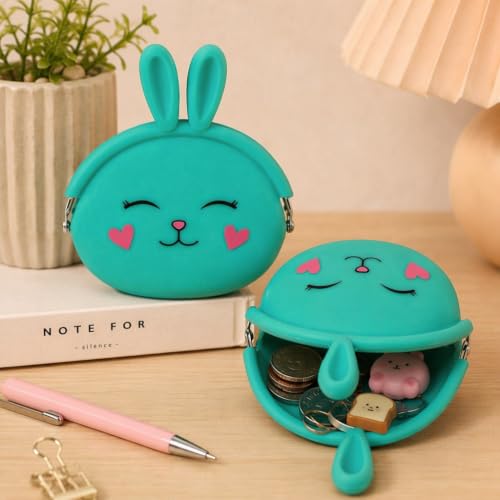 Image of FunBlast Cute Bunny Shape Silicone Coin Purse for Kids & Adults - Mini Pouch for Coins, Earphones, Keys & Small Essentials, Aesthetic Pouches for Girls & Women - 12 X 9.5 X 3 Cm (Bunny-Green)