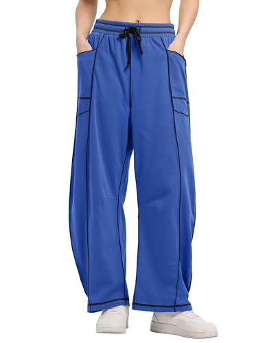CHANGEOWN Barrel Pants for Women, Wide Leg Baggy Sweatpants Drawstring High Waisted Lounge Trousers with Pockets, Relaxed Fit Casual Pants, Klein Blue, XS — view 6
