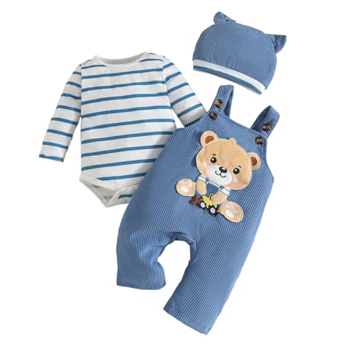 LUVCES Ropa de Bebé Recién Nacidos Manga Larga Pelele de Rayas + Mono Pantalones con Tirantes y Dibujos de Animales + Gorro 3 Piezas Otoño Conjuntos 3Pcs Oso de rayas azules 3 6 Meses