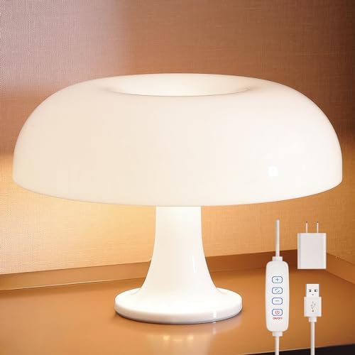 White Mushroom Lamp, Dimmable Mushroom Table Lamp with 3 Lighting...