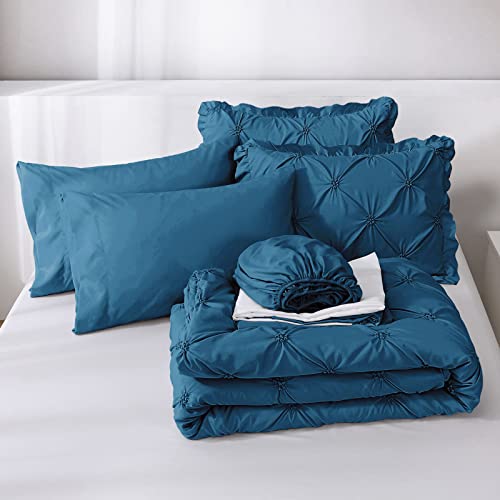 JOLLYVOGUE King Size Comforter Set 7 Pieces, Teal Bed in a Bag Comforter Set for Bedroom, Beddding Sets with Comforter, Sheets,Ruffled Shams & Pillowcases