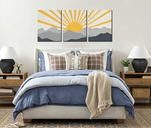 Image of Frimeeme Modern Boho Sun Canvas Wall Art, Set of 3, Framed | Yellow and Gray Mountain Sunrise, 12x16 Inch Each, Ready To Hang