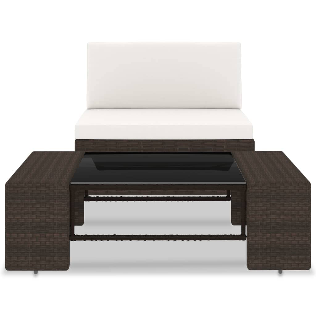 Set Divani da Giardino 2 pz in Polyrattan Marrone con Tavolo | Salotto modulare per terrazzo e patio con tavolino in vetro temperato e cuscini sfoderabili color crema.