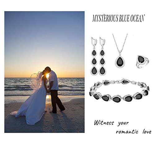 Lmxxvj Necklace Long Earrings Bracelet Set, White Gold Plated Created Blue Sapphire Jewelry Set Wedding Party Gift Jewelry For Women Bridal Bridesmaid (White Gold-Black Ring) #TOP3